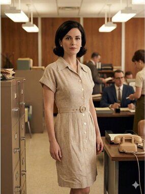 Vintage 1960s Tan Khaki Cotton Button Down Sheath Dress Mod Office Mad Men Small